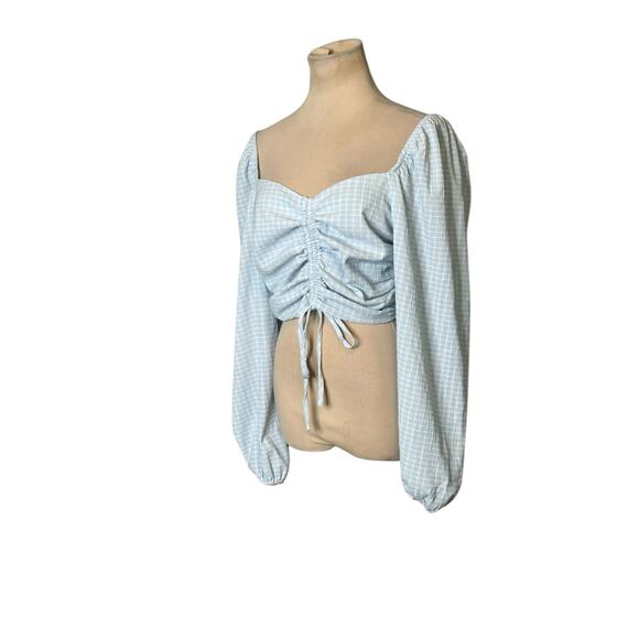 Vestique Blue White Checkered Pattern Long Sleeves Ruched Crop Top size M - Picture 10 of 16